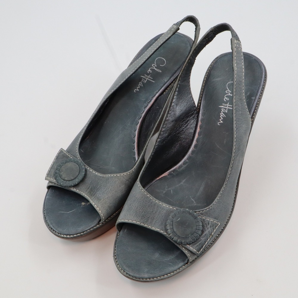 Cole Haan Wedge Sandals Womens 9 B Slate Blue Leather Peep Toe Slingback D21178